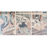AN UNUSUAL FRAMED JAPANESE OBAN TRYPTYCH BY YOSHITOSHI, circa 1863, depicting the exorcism of the