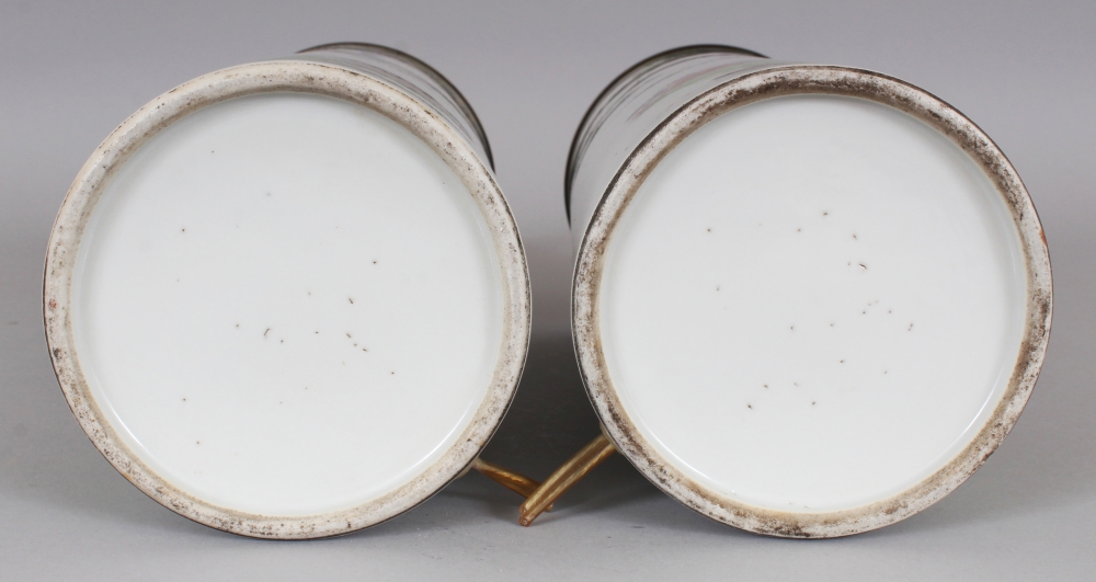 A MIRROR PAIR OF EARLY 20TH CENTURY CHINESE CYLINDRICAL PORCELAIN VASES, fitted for electricity, - Image 7 of 8