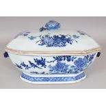 AN 18TH CENTURY CHINESE QIANLONG PERIOD BLUE & WHITE PORCELAIN TUREEN & COVER, of chamfered