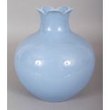 A CHINESE CLAIRE-DE-LUNE PORCELAIN VASE, of bulbous form with a frilled-edge neck, the base with a