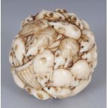 A FINE QUALITY JAPANESE MEIJI PERIOD IVORY OKIMONO BALL, finely carved with an octopus, a carp and a