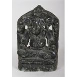 A SMALL 19TH/20TH CENTURY CARVED BLACK STONE STELE OF GANESH, 2in wide at widest point & 3.1in