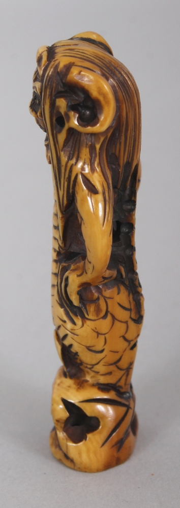A SIGNED JAPANESE MEIJI PERIOD STAINED IVORY NETSUKE OF AN ONI MERMAN, the base with an engraved - Image 4 of 6
