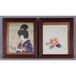 AN EARLY 20TH CENTURY FRAMED JAPANESE PAINTING ON SILK OF A GEISHA, observing cherry blossom, the