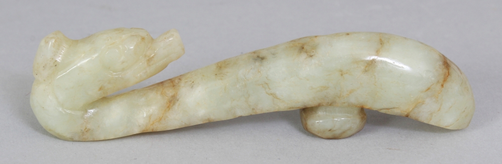 A CHINESE CELADON JADE BELT HOOK, 3.25in long. - Image 2 of 4