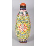 A CHINESE CANTON ENAMEL YELLOW GROUND SNUFF BOTTLE & STOPPER, of unusual elongated oval form, the