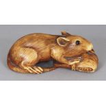 A GOOD QUALITY JAPANESE MEIJI PERIOD STAINED IVORY NETSUKE OF A RAT, its eyes inlaid, its tail