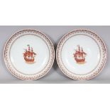 A LARGE PAIR OF CHINESE EXPORT STYLE PORCELAIN MAN-OF-WAR DISHES, each decorated in sepia and