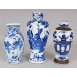 A GROUP OF THREE LATE 19TH CENTURY CHINESE BLUE & WHITE PORCELAIN VASES, one crackleglaze, the other