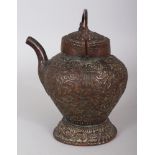 A 19TH CENTURY INDO PERSIAN EMBOSSED COPPER EWER & COVER, with overhead handle, 7.75in high to top