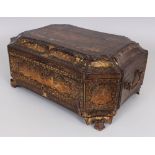 A 19TH CENTURY CHINESE EXPORT GILT DECORATED LACQUERED WOOD SEWING BOX, of shaped rectangular form