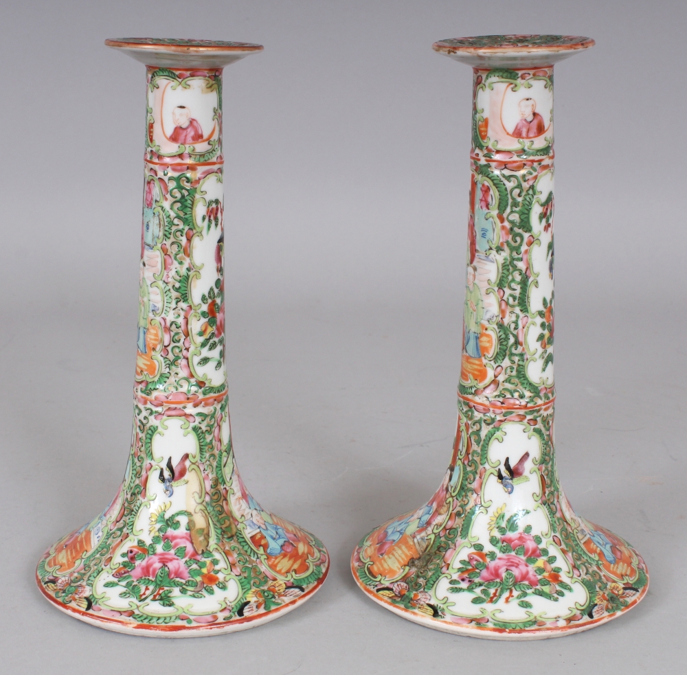 A PAIR OF 19TH CENTURY CHINESE CANTON PORCELAIN CANDLESTICKS, 8.2in high. - Image 2 of 9