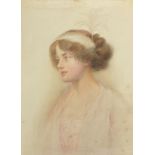 Circle of Eva Hollyer (1865-1948) British. Portrait of an Elegant Young Lady, Watercolour, 12.25"