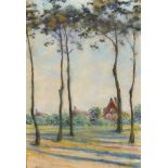 Attributed to Walter Leistikow (1865-1908) German. Tall Trees with Cottages beyond, Pastel,