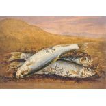 19th Century English School. Study of Trout on a Riverbank, Watercolour, in a Maple Frame, 4.75" x