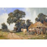 Sidney Paul Goodwin (1867-1944) British. A Farmyard Scene with Figures and Horses by Barns and