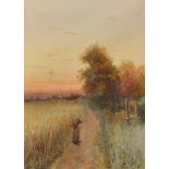 George Oysten (1861-1937) British. A Girl with a Rake on a Country Path at Sunset, Watercolour,