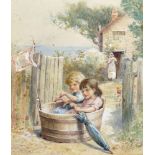 William St Clair Simmons (act.1878-1917) British. 'The Toy Boat', Two Young Children in a Water Tub,