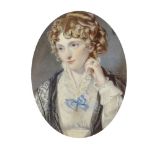 19th Century English School. Portrait of a Lady, dressed in white with a blue bow, Watercolour,