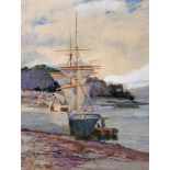W...M... (19th Century) British. A Two Mast Ship Aside a Harbour Wall, with Figures alongside,
