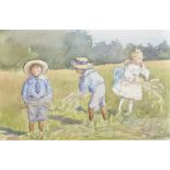 20th Century English School. Children Collecting Flowers, Watercolour, Unframed, 6" x 9", with other