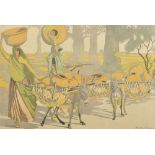 Norah Vivian (20th Century) British. Figures Carrying Baskets to Market with Donkeys Carrying