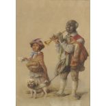 19th Century American School. A Musician and Dog, with a Young Girl, Watercolour, in a Maple