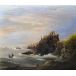 19th Century English School. A Rocky Coastal Scene, with Cliff Top Ruins, Pastel, 33.5" x 36".