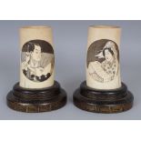 A GOOD PAIR OF JAPANESE MEIJI PERIOD IVORY TUSK VASES, together with fitted lacquered wood stands,