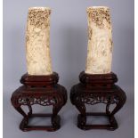 A GOOD LARGE PAIR OF FINE QUALITY SIGNED JAPANESE MEIJI PERIOD IVORY TUSK VASES, on fitted revolving