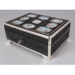 A FINE QUALITY 19TH CENTURY INDIAN SILVER-METAL MOUNTED RECTANGULAR EBONY BOX, the hinged cover