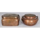 A GOOD EARLY 19TH CENTURY CHINESE COPPER HAND WARMER & PIERCED COVER, with a French inscription to