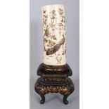 A FINE QUALITY JAPANESE SHIBAYAMA & IVORY TUSK VASE, together with a gilt lacquered wood fixed