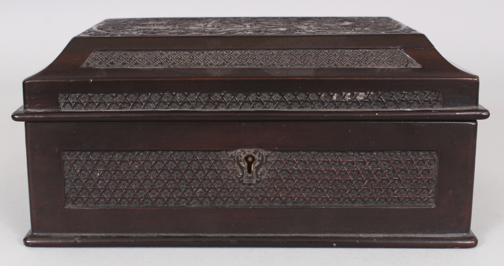 A GOOD QUALITY 19TH CENTURY CHINESE WOOD & PEWTER CASKET TEA CADDY, the hinged wood cover finely - Image 2 of 9