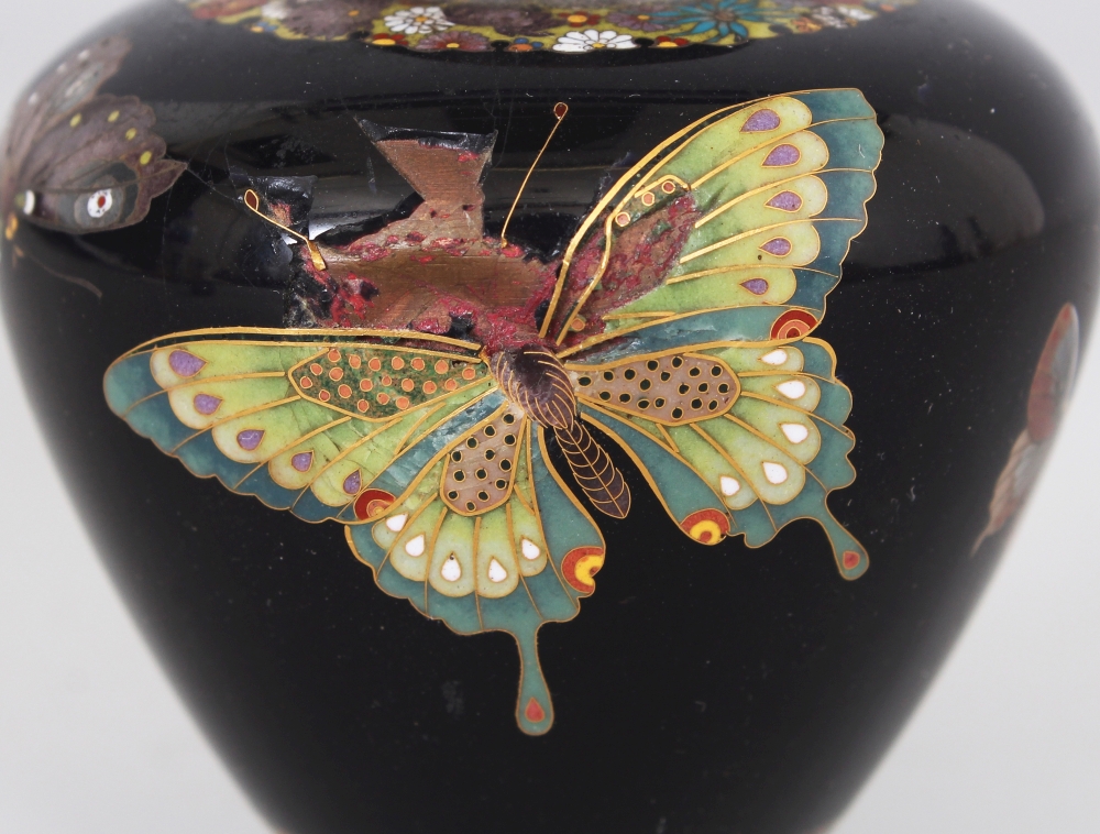 A SMALL FINE QUALITY JAPANESE MEIJI PERIOD CLOISONNE BUTTERFLY VASE BY INABA NANAHO, well - Image 5 of 8