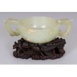 A GOOD QUALITY 17TH CENTURY CHINESE LATE MING DYNASTY CELADON JADE TWO HANDLED CUP, together with