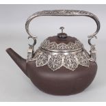 AN UNUSUAL 19TH CENTURY SILVER-METAL MOUNTED CHINESE YIXING POTTERY TEAPOT & COVER, with overhead