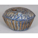 AN UNUSUAL 19TH CENTURY BLUE GLAZED MOULDED PORCELAIN WATERDROPPER, possibly Korean, 2.5in wide at