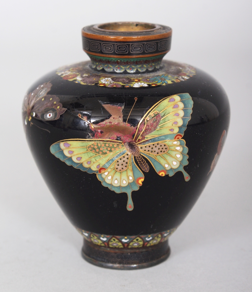 A SMALL FINE QUALITY JAPANESE MEIJI PERIOD CLOISONNE BUTTERFLY VASE BY INABA NANAHO, well