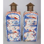 A GOOD PAIR OF LATE 17TH CENTURY CHINESE IMARI KANGXI PERIOD SQUARE SECTION PORCELAIN FLASKS, with