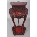 AN EARLY 20TH CENTURY JAPANESE RED LACQUERED WOOD PENTAGONAL SECTION STAND, the frieze decorated