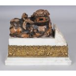 AN UNUSUAL GOOD QUALITY 19TH CENTURY CHINESE CARVED SOAPSTONE MODEL OF A BUDDHISTIC LION & ITS