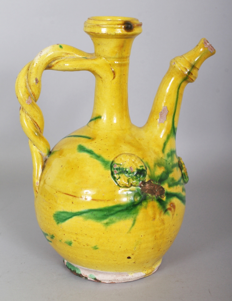 A GOOD 19TH CENTURY OTTOMAN CHANNAKALE GLAZED POTTERY EWER, decorated with splashes of green on a - Image 3 of 8