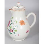 AN 18TH CENTURY CHINESE QIANLONG PERIOD FAMILLE ROSE SPARROW BEAK PORCELAIN JUG & COVER, painted