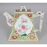 A FINE QUALITY 19TH CENTURY CHINESE FAMILLE ROSE SQUARE SECTION PORCELAIN TEAPOT & COVER, the