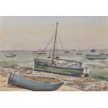 Lewis G. Dye (20th Century) British. "Leigh on Sea- Evening", Moored Boats on the Beach,