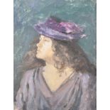 Tom Espley (1931-2016) British. "Abigail Purple, Hat", Portrait of a Woman wearing Purple, Oil on