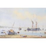 Sidney Cardew (1931 ) British. "Pin Mill", A View Across the River Orwell in Suffolk with Boats on