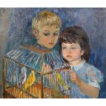 Irina Ivanovna Sisoeva-Getmanskaya (1939- ) Russian. "Children with Parrots, 1974", Oil on Canvas,