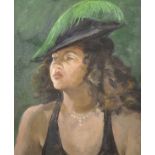 Tom Espley (1931-2016) British. Portrait of a Lady in a Feathered Hat, Oil on Canvas, Signed on